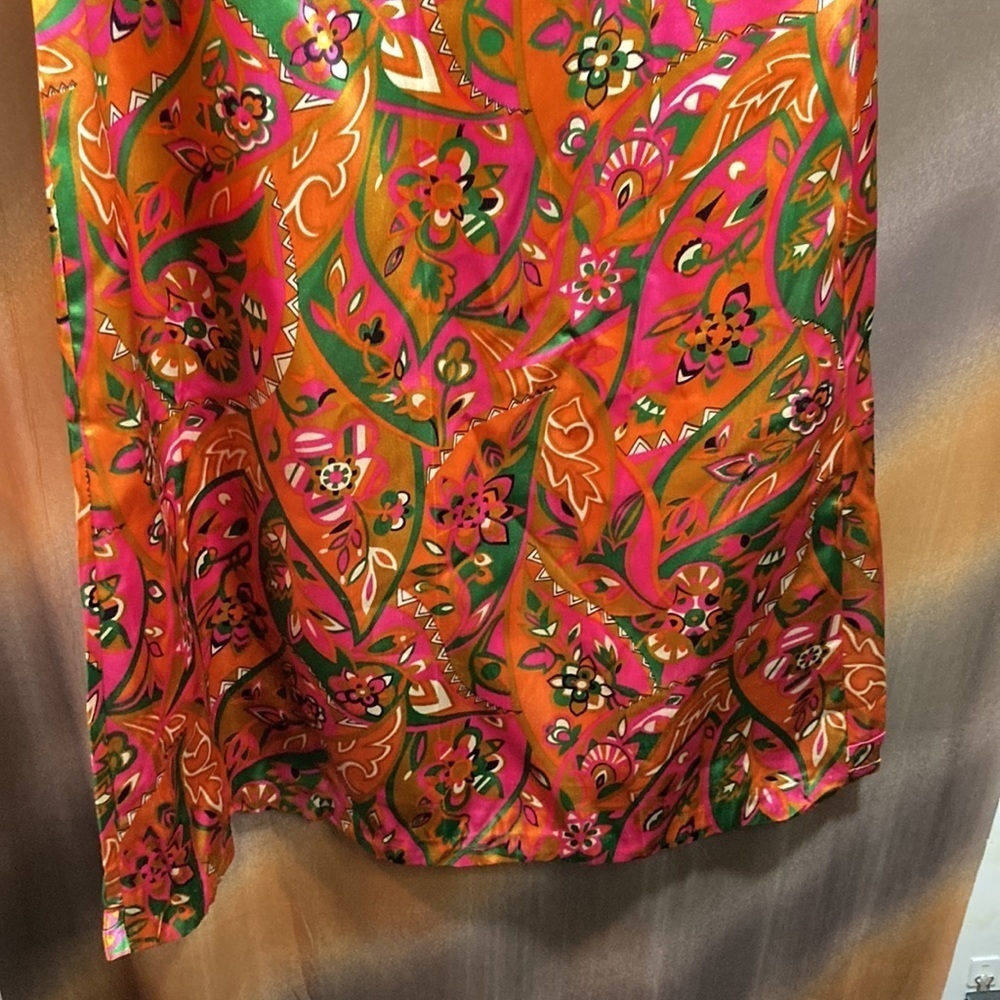 1970’s orange, green & pink satin long dress. 51” length. 32” chest. 120 - Picture 2 of 7